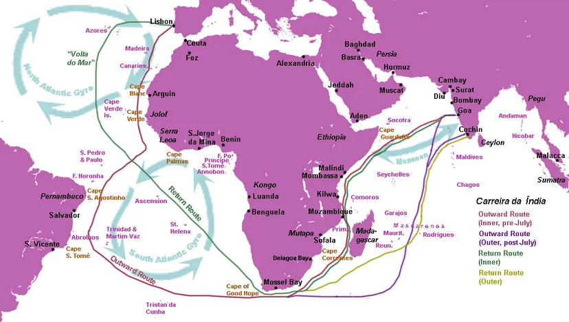 draw the routes of vasco da gama and pedro cabral.